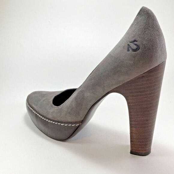 True Religion High Heel Platforms Women’s 8.5 Gray Suede Brown Leather 4.5" Heel - Picture 2 of 16